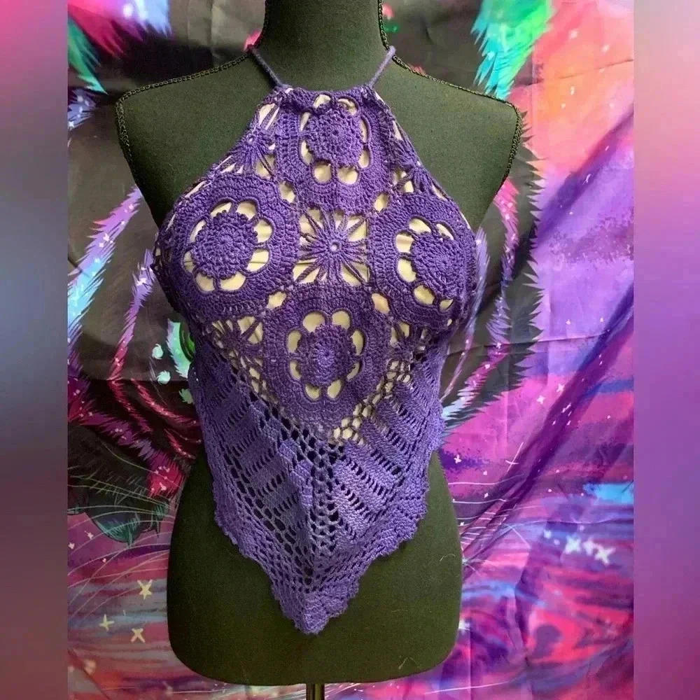 Stylish Crochet Halter Top - Purple Floral Design